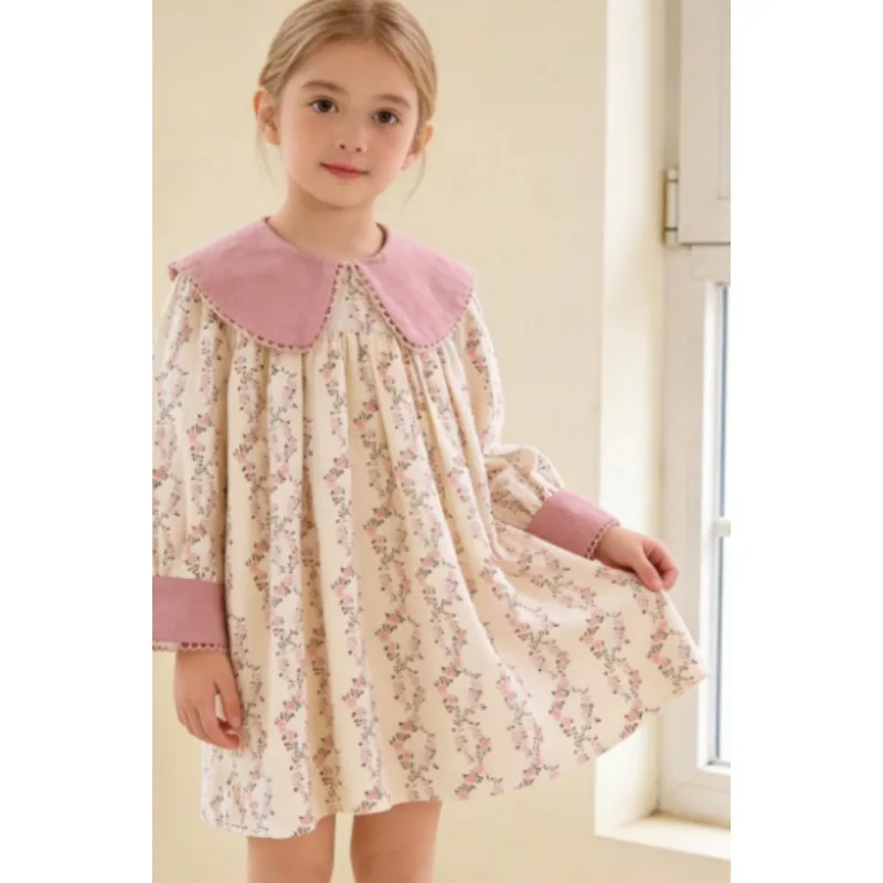 

Girls Dress Spring and Summer New Korean Version Floral Lapel Princess Dress Casual Fashion Daily Stylish Versatile Wear