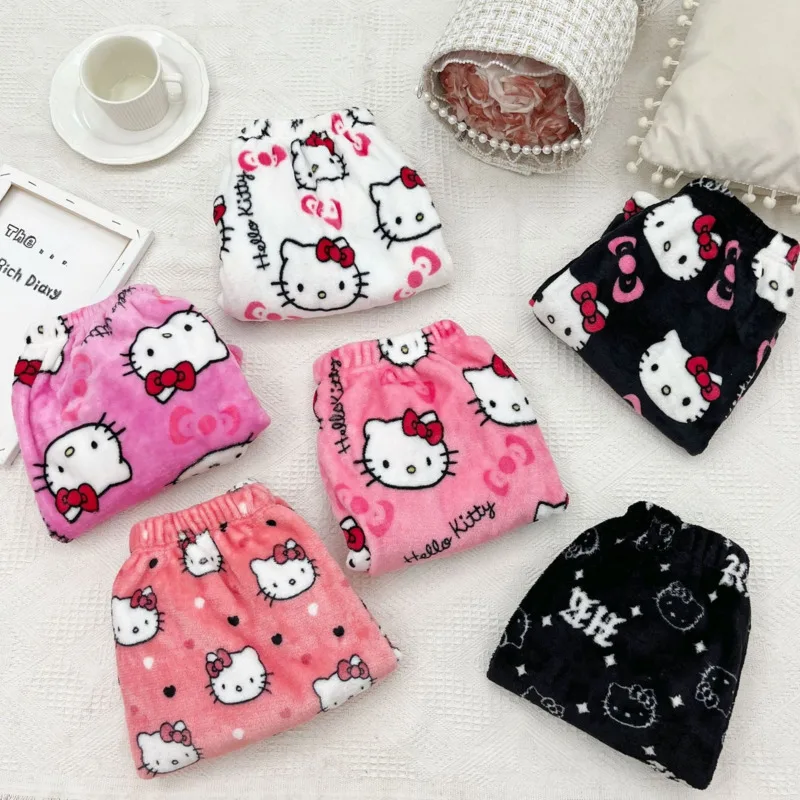 Sanrio Hello Kitty Y2k Shorts Flannel Soft Women's Pyjama Trousers High Waist Wide  Leg Hot Pants