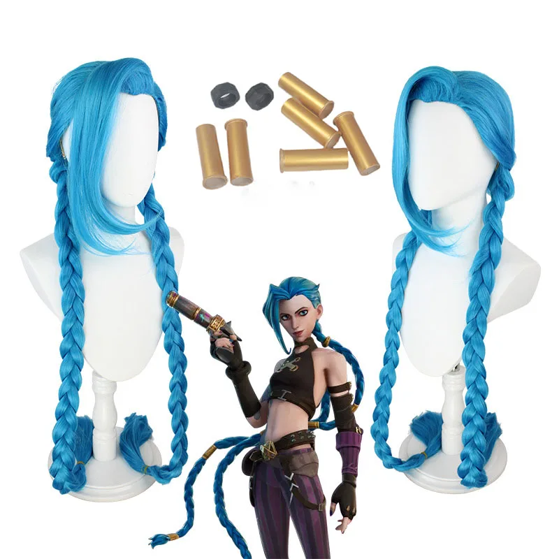 LOL Jinx peruka do Cosplay 120cm warkocz niebieski odporny na ciepło włosy syntetyczne peruka do Cosplay s