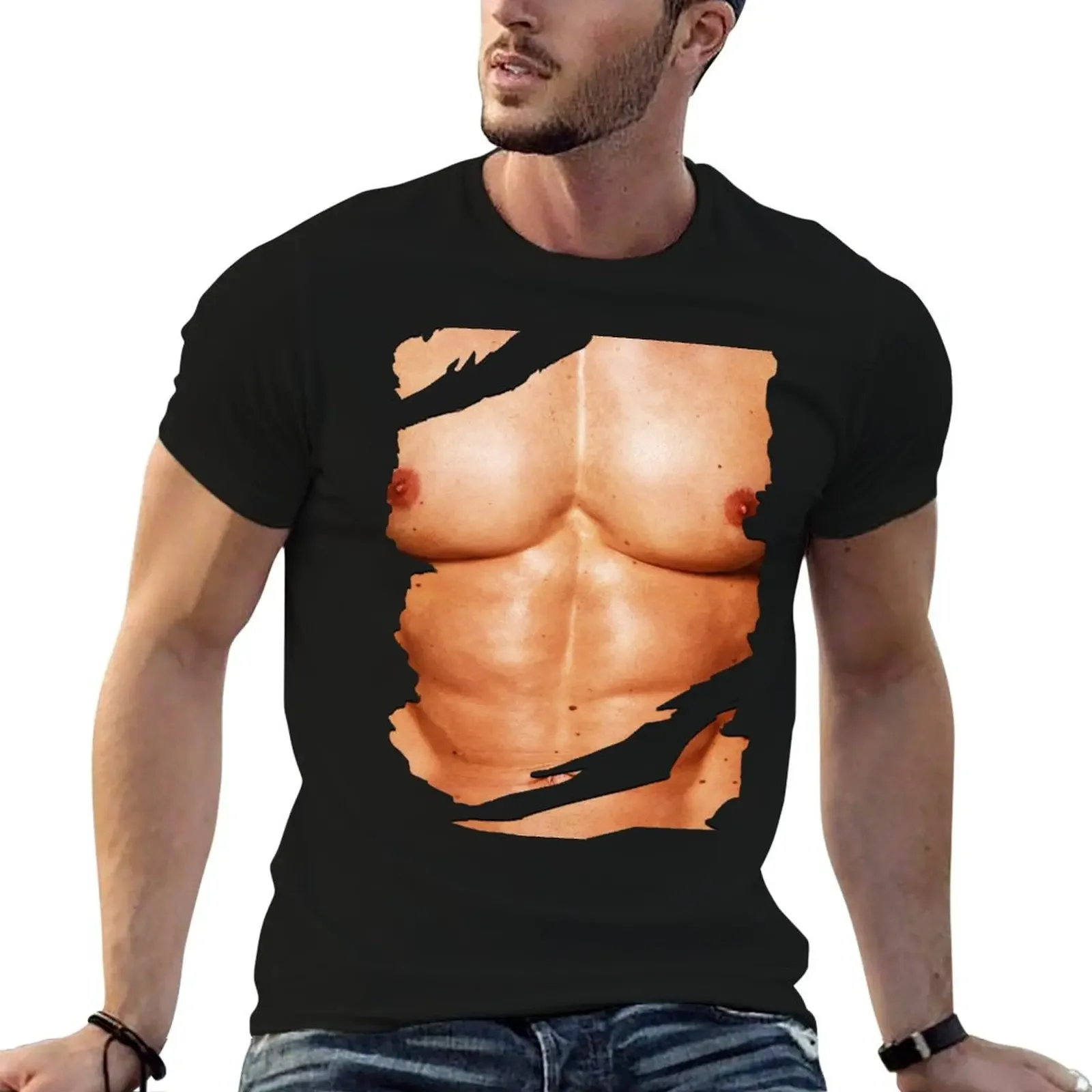 Funny Fake Abs Men Body Muscle 6 Pack Under Ripped Clothes Graphic. T-Shirt vintage anime shirt clothes mens graphic t-shirts