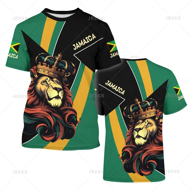 Jamaica Flag Graphic T-Shirt Men's Lion 3d Printed Crewneck Short Sleeve Casual Sports Tops Tees Summer Oversized T Shirts view 3