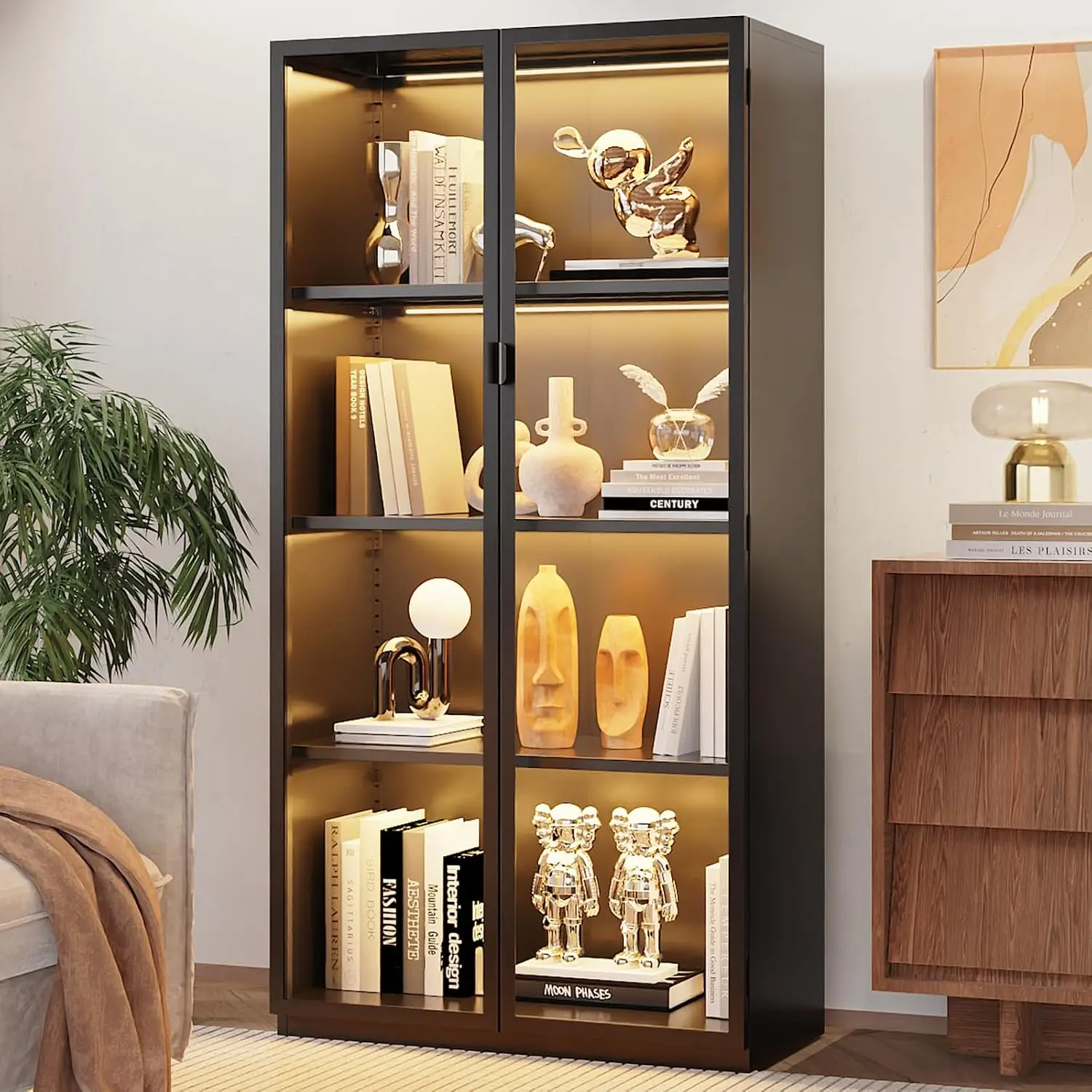Display Cabinet with Glass Doors and LED Lights, Glass Display Cabinet with 3 Adjustable Shelves,4 Tier of Storage Space Curio C