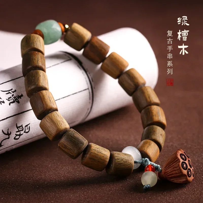 Green sandalwood single ring hand string jade barrel beads text play wooden Buddhist beads bracelet ethnic style women men gift