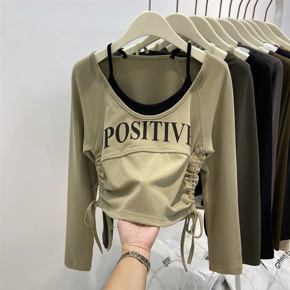 

Design sense splicing fake two-piece sling long-sleeved T-shirt female with printed bottoming shirt short drawstring top