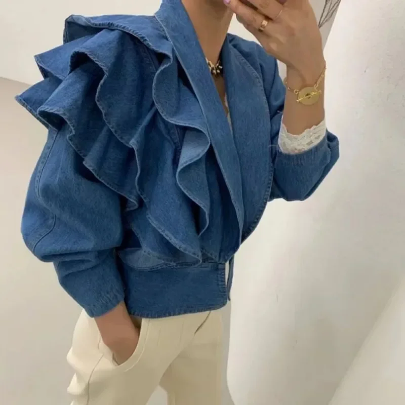 Imagem -04 - Jaqueta Jeans Recortada de Mulher Harajuku Ruffle Puff Manga Top Recortado Cabolsas Vintage Jean Streetwear Azul Cowboy Roupa Coreana Outono