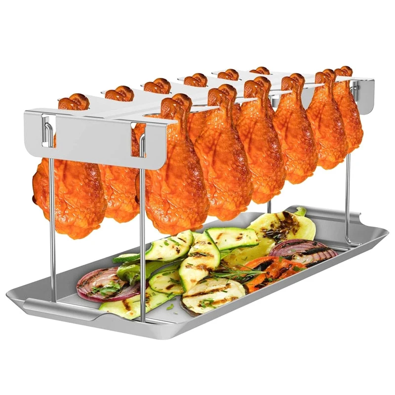 Rak kaki ayam 12 slot baja tahan karat rak sayap ayam dengan nampan tetes rak stik drum ayam lipat untuk piknik BBQ luar ruangan