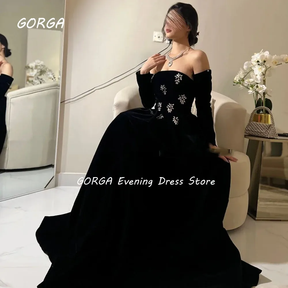 GORGA Black Strapless Beading A-LINE 2024 High Quality Velour Ocassion Gown Floor-Length Evening Dress فستان سهرة نسائي