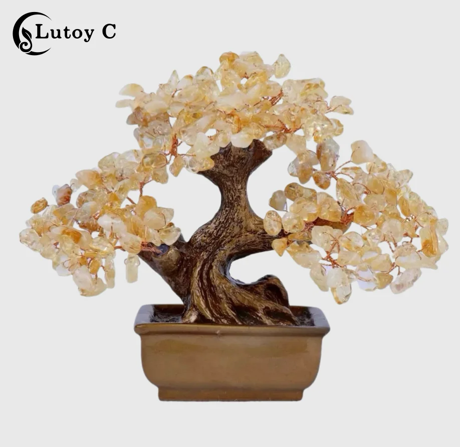 Árbol de la vida de cristal de citrino amarillo, árbol de dinero Feng Shui hecho a mano, bonsái de piedra curativa de chakras, regalo de decoración del hogar para amigos