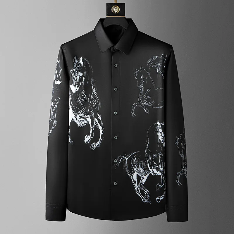 

Высококачественная мужская рубашка с принтом лошади, модная деловая деловая рубашка с длинными рукавами, мужская шелковая повседневная вечерние смокинг, блузка 2024