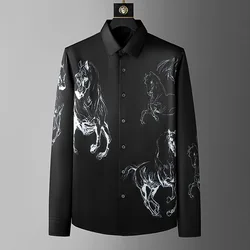 High End Horse Print Shirt for Men Fashion Long Sleeved Business Social Formal Shirt Male Silk Casual Party Tuxedo Blouse 2024