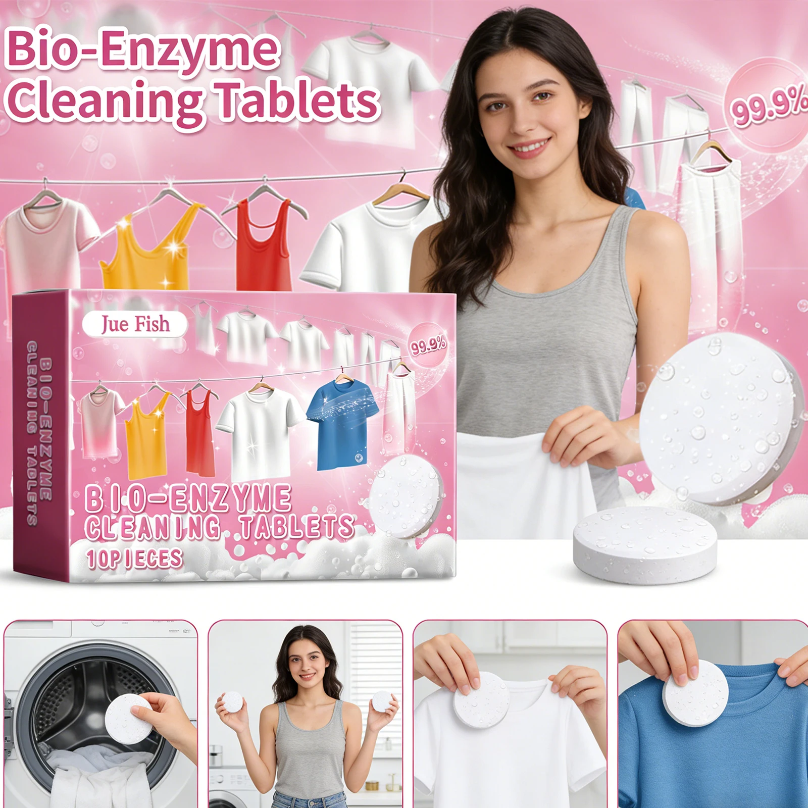 Tableta Limpiadora de Ropa con Bioenzimas - Blanqueador de Telas Efervescente y Quitamanchas para la Eliminación de Grasa Persistente