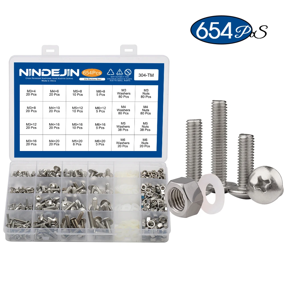 654pcs Cross Truss Head Machine Screw With Nut Nylon Washer Assortment Kit Stainless Steel M3 M4 M5 M6 Phillips Furniture Screw