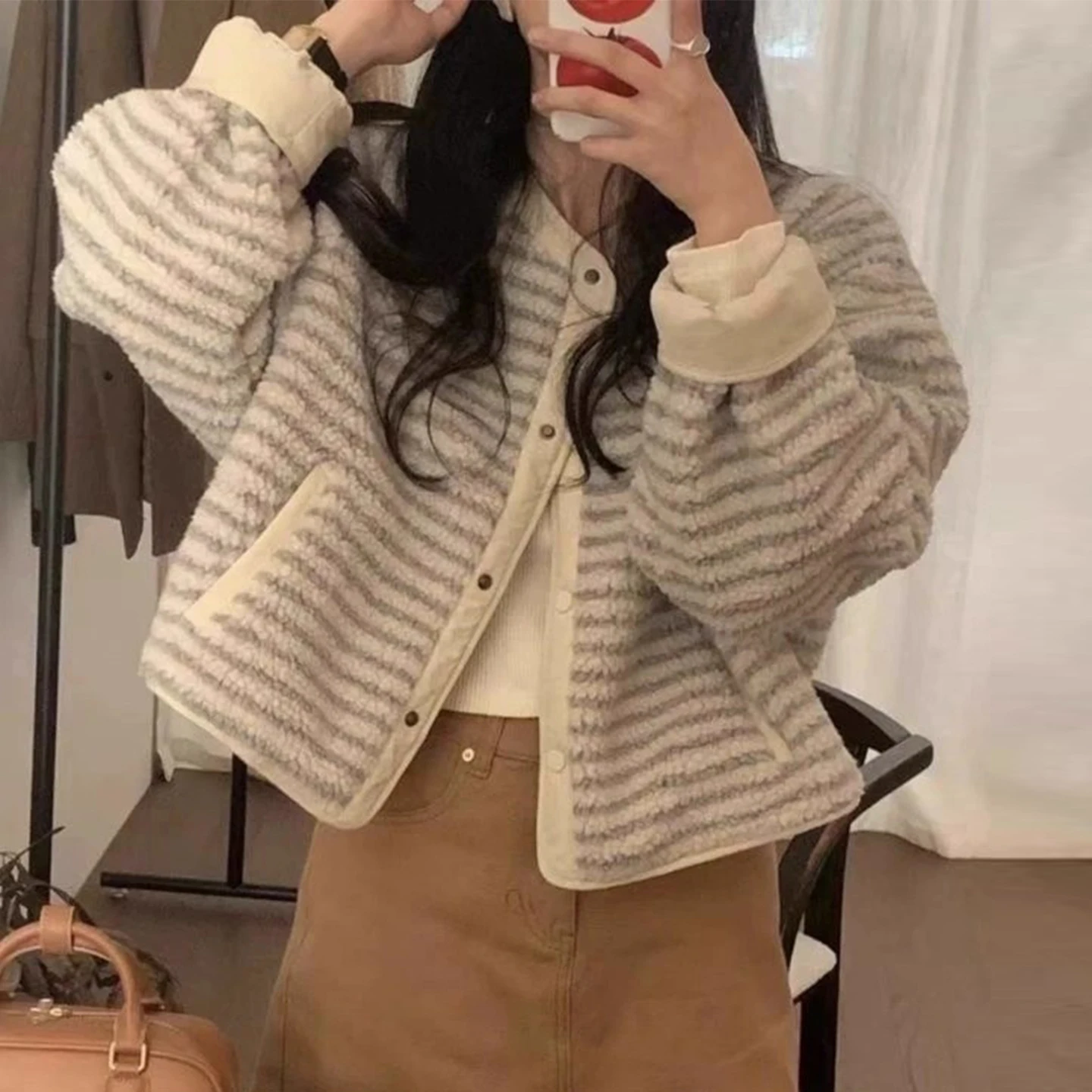 Retro Versatile Color Block Lamb Fur Jacket Women's Winter New Small Size Cotton Coat Warm Top Commute Korean Style Loose Fit