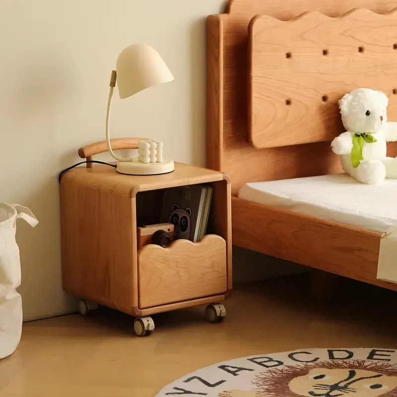 Gold Supplier Customized Design Solid Wood Nightstand Easy to Move Small Space Storage Cabinet Kids Room Rolling Bedside