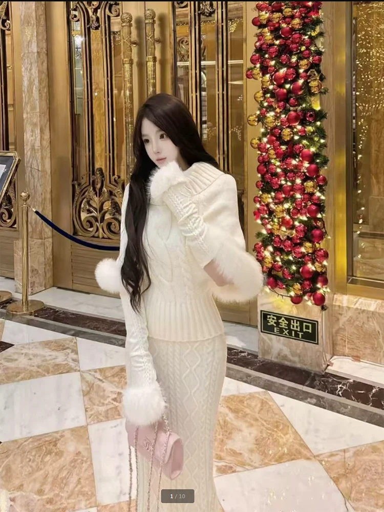 Women 2‑Piece Cable Knit Outfit Turtleneck Faux Fur Cuff Batwing Sleeve Sweater + High Waist Set Autumn Winter Knitted Suit