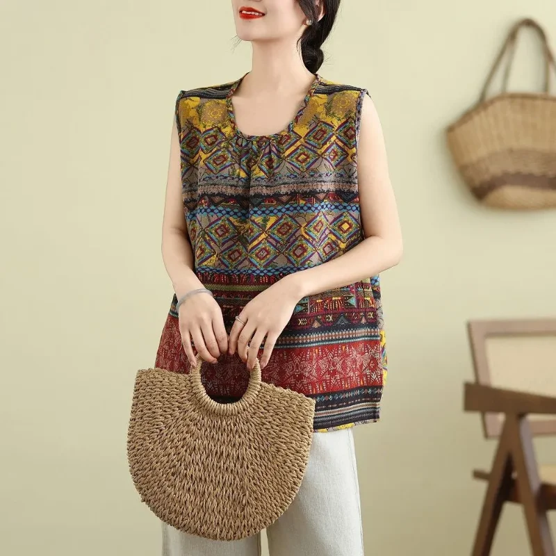 Mouwloze tanktop voor dames, etnisch patroon, losse, casual blouse met ronde hals