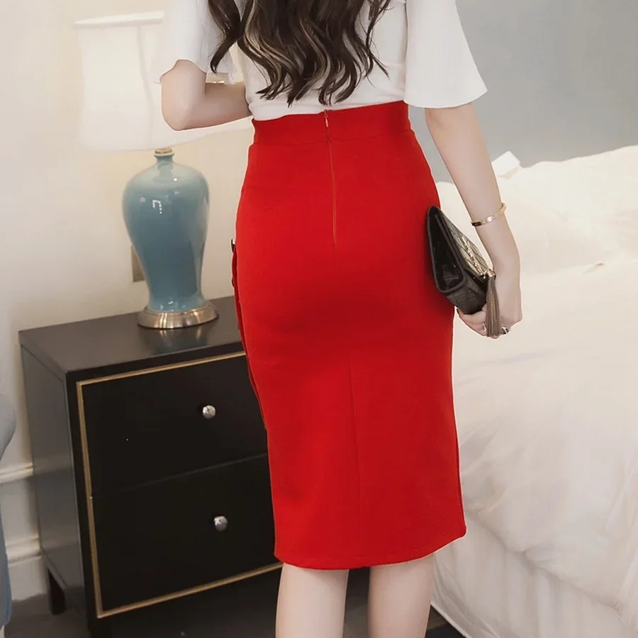 Oversized 2024 Fashion Women Work Midi Skirt OL Sexy Open Slit Button Slim Pencil Skirt Elegant Office Ladies Skirts Red Black