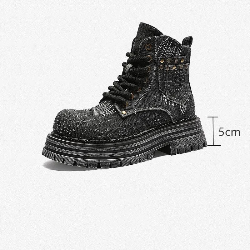 AIYUQI Women's Ankle Boots Denim 2024 New Platform Booties Women Lace-up British Retro Cargo Boots Women