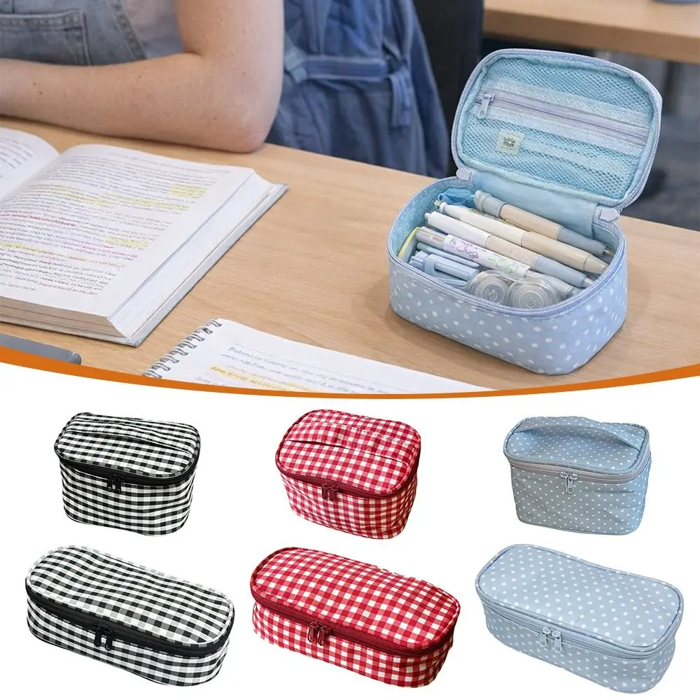 INS Plaid/Polka Dot Patterns Storage Bag Portable Large Capacity Pencil Case Double Zipper Cosmetic Bag