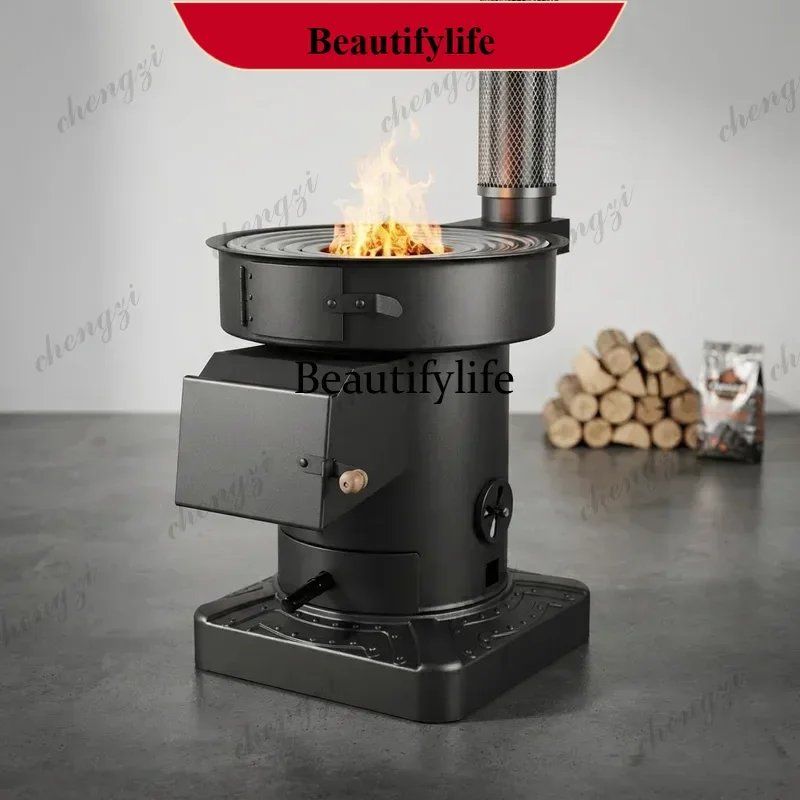 Chimeneas Smokeless Indoor Gasification Heater Firewood Coal Dual Purpose Stove with Big Pot Ring Wheels Rural Winter Home