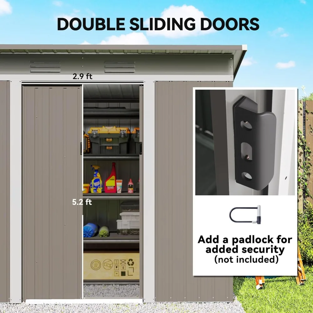 سقيفة معدنية مائل للتخزين في الهواء الطلق، منزل أدوات الحديقة مقاس 8 × 4 مع أبواب منزلقة مزدوجة وفتحتين للهواء