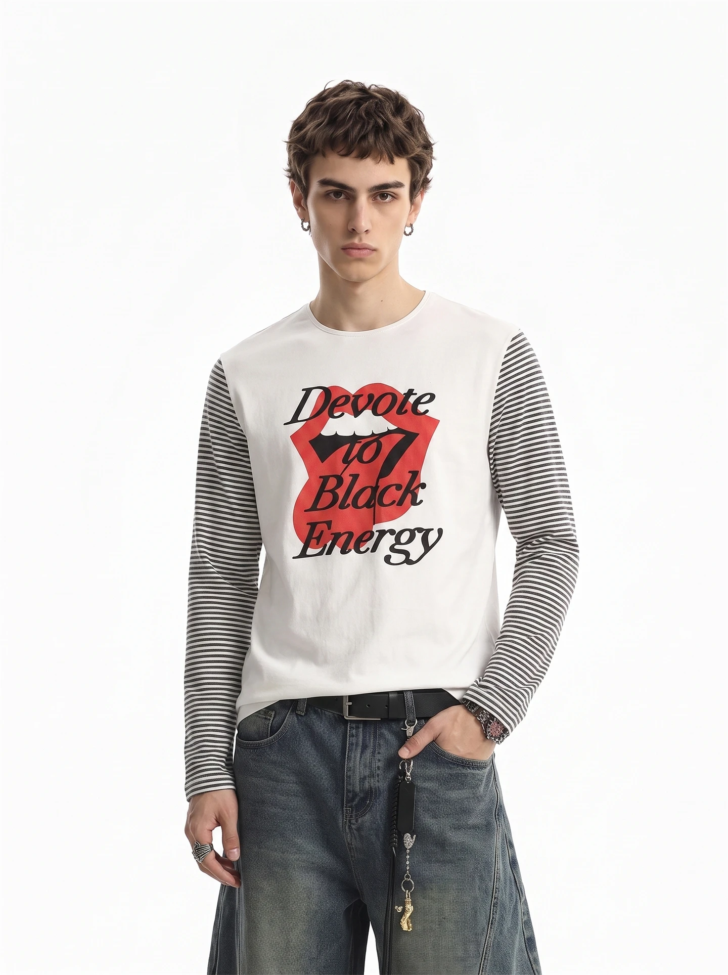 BETEBULE American High Street Printed Stripe Color Block Long Sleeve Men's T-shirt Autumn Street Light Boxy Top