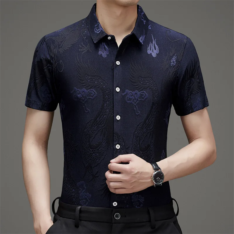 

High Quality Luxury Chinese Style Embroidered Ice Silk Short Sleeved Shirt Men's Dragon Pattern Jacquard Loose Summer Clothes