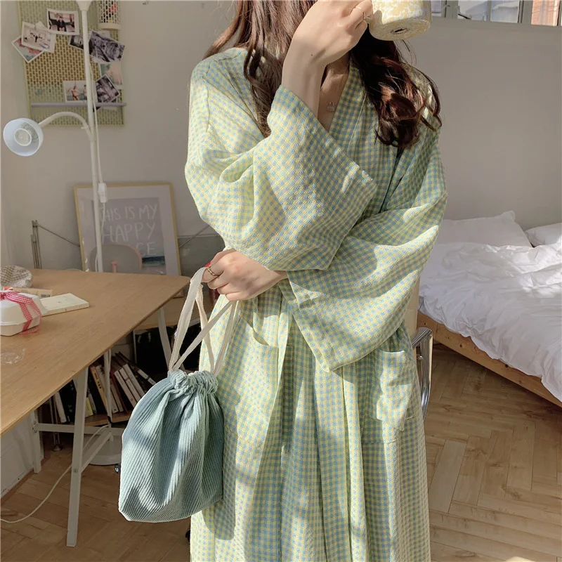 Vintage Plaid Cotton Women\'S Dress Casual Loose Long Sleeve Bandage Lace Up Female Dress Pajama Robe Homewear