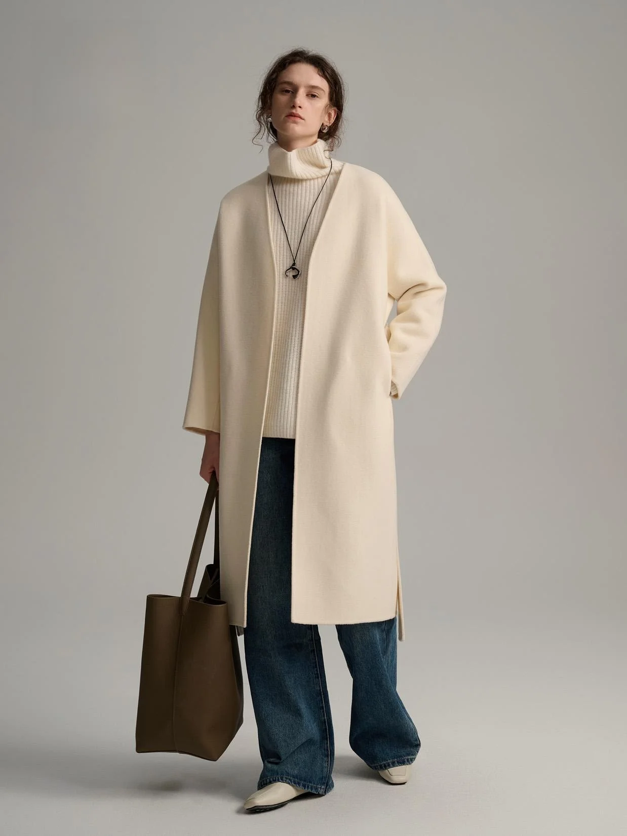 

QFKQ Double-Sided Woolen Coat Lightweight oulderl Women's Long Coat V-Ne Long Sve Commute Sle Winter Faion