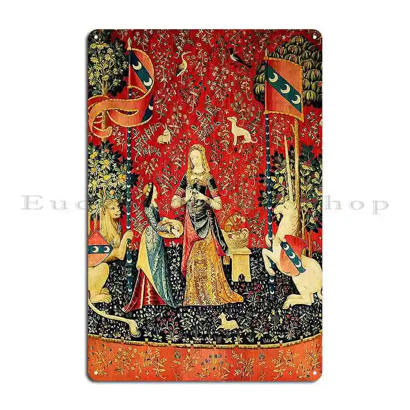 سيدة وحيد القرن مون Seul لوحة معدنية ملصق ، تصميم زخرفي ، طباعة كلاسيكية ، علامة القصدير ، المرآب #2