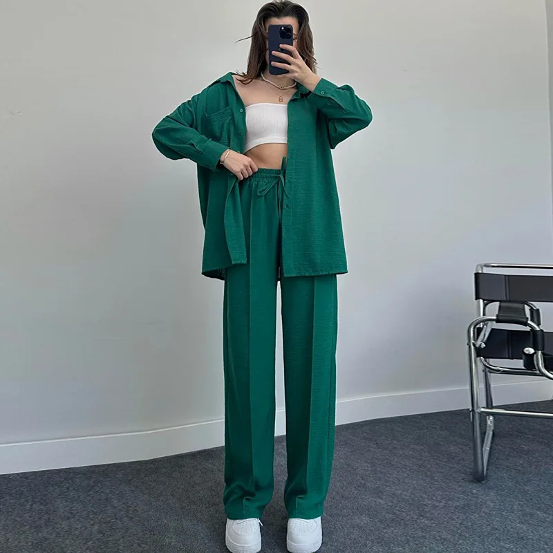 Two Piece Set Solid Long Pant Sets Loose Full Sleeve Shirts Splice Button Tops Casual Drawstring Trousers Elegant Office Lady