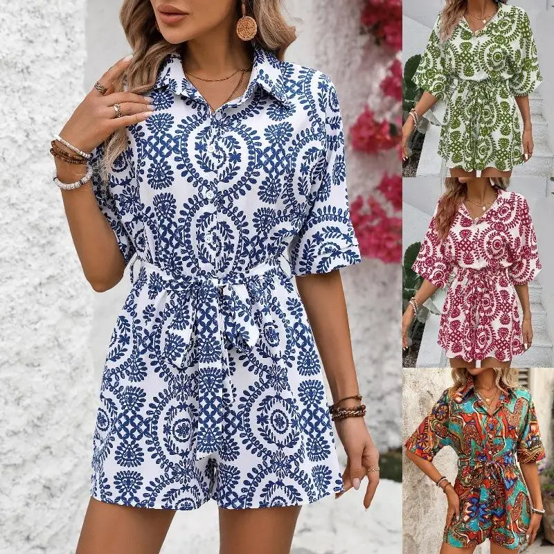 

Women's Printed irt Jumpsuit Low Waist Five-Quarter Length Polyester Fiber Thin Summer Faion Ladies' One-Piece Suit