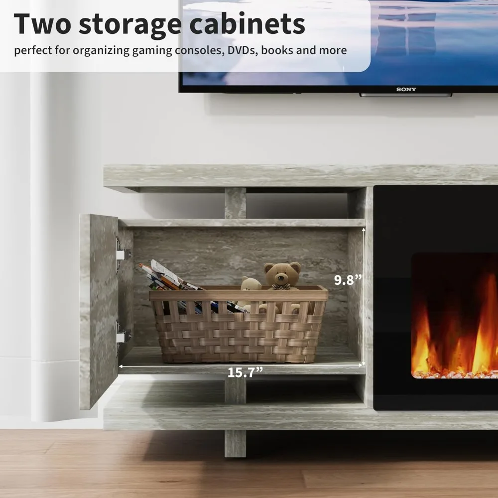 حامل مدفأة من الرخام Rresyet 70 مع 36 مدفأة كهربائية، مركز ترفيه LED، خزانة تخزين لامعة مخفية، M