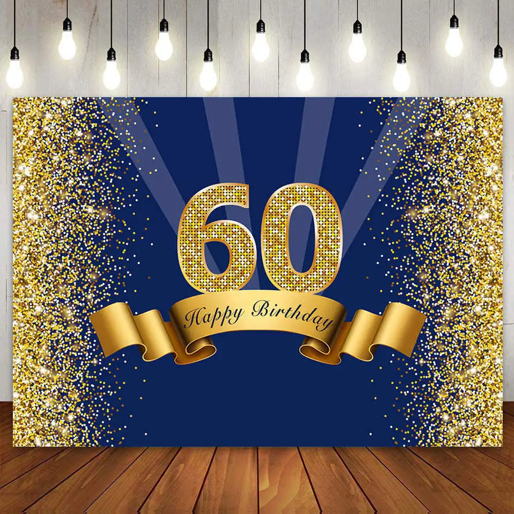 Happy 60th Birthday Party Backdrop Photography Background for Men Women Blue Gold Photo Sixty 60 Years Old Cake Banner Poster