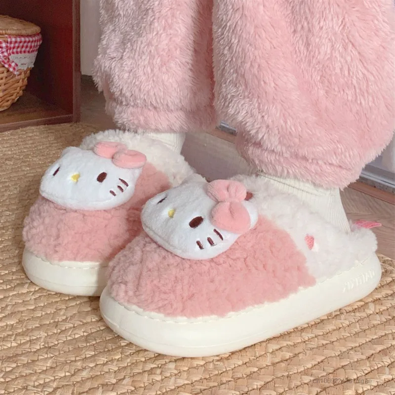 Sanrio Hello Kitty Cute Home Cotton Shoes Cartoon Kuromi Melody Cute Fuzzy Slippers Y2k Women Autumn Winter Soft Plush Flat Shoe