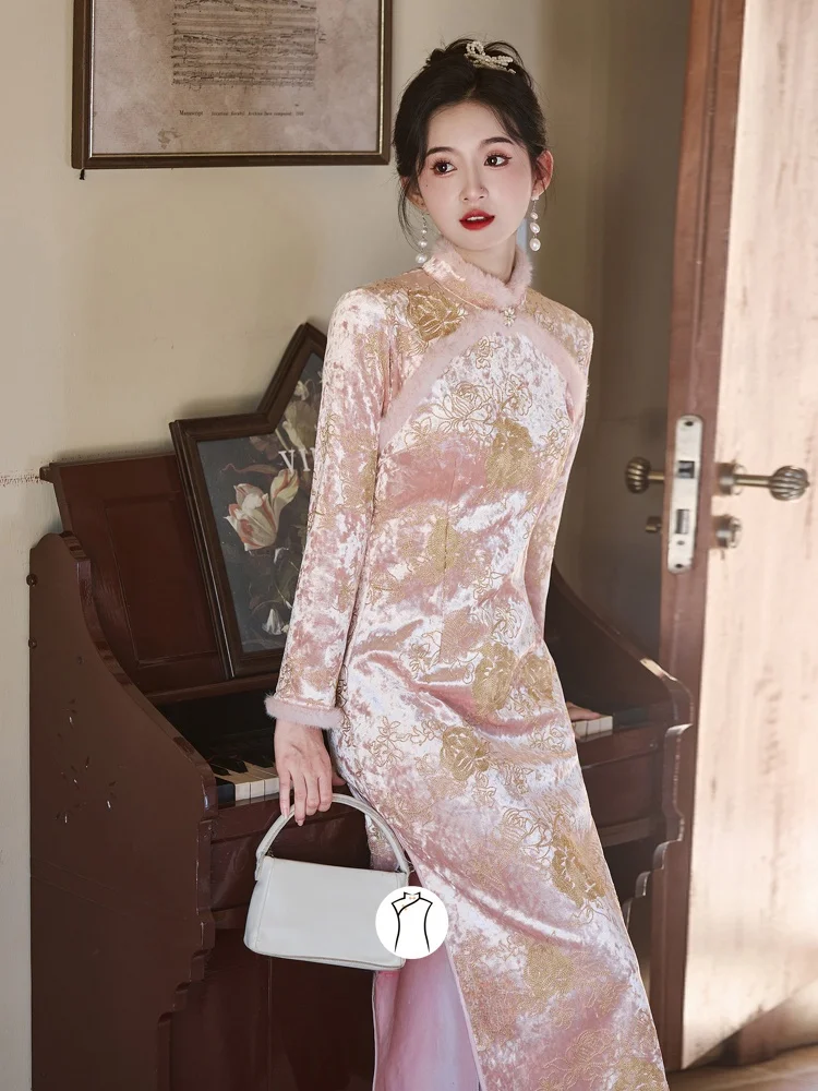 

Элегантное китайское бархатное ципао для молодых невест: зимняя коллекция, красивый дизайн, традиционное длинное платье для женщин