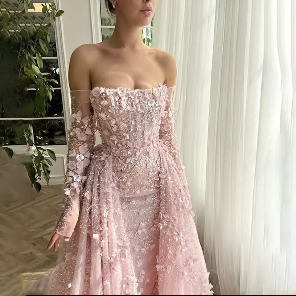 Customized Elegant Pink Appliques Flower Off The Shoulder Mermaid Sexy Gala Wedding Dresses 2024 Backless Tulle Bridal Gowns