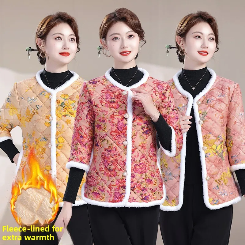 

Thiened Fce Winter Jaet for Middle-Aged And ly Women Floral Print Warm Faionable Cotton Coat Polyester Fiber