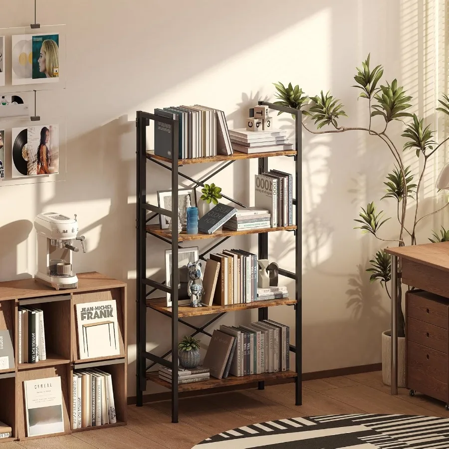 Libreria pieghevole Libreria a 4 livelli con design XBracket Piedini regolabili Salvaspazio per soggiorno Ufficio Marrone rustico