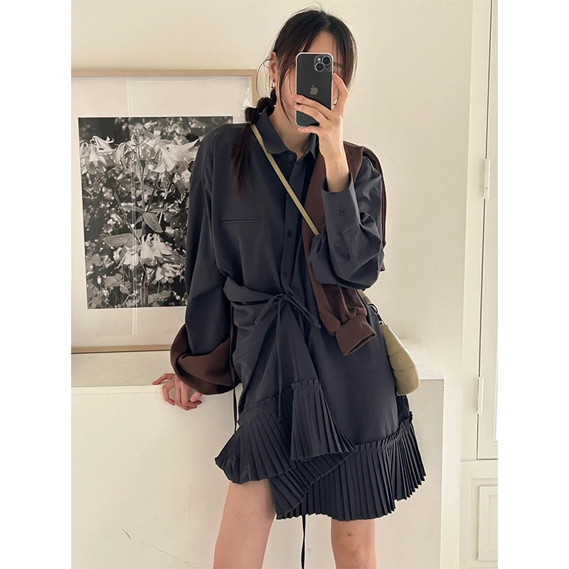 Korean Pleated Long Sleeve Women Dresses 2024 Autumn Korean Chic Fashion Vestidos Loose Casual Shirt Dress Female