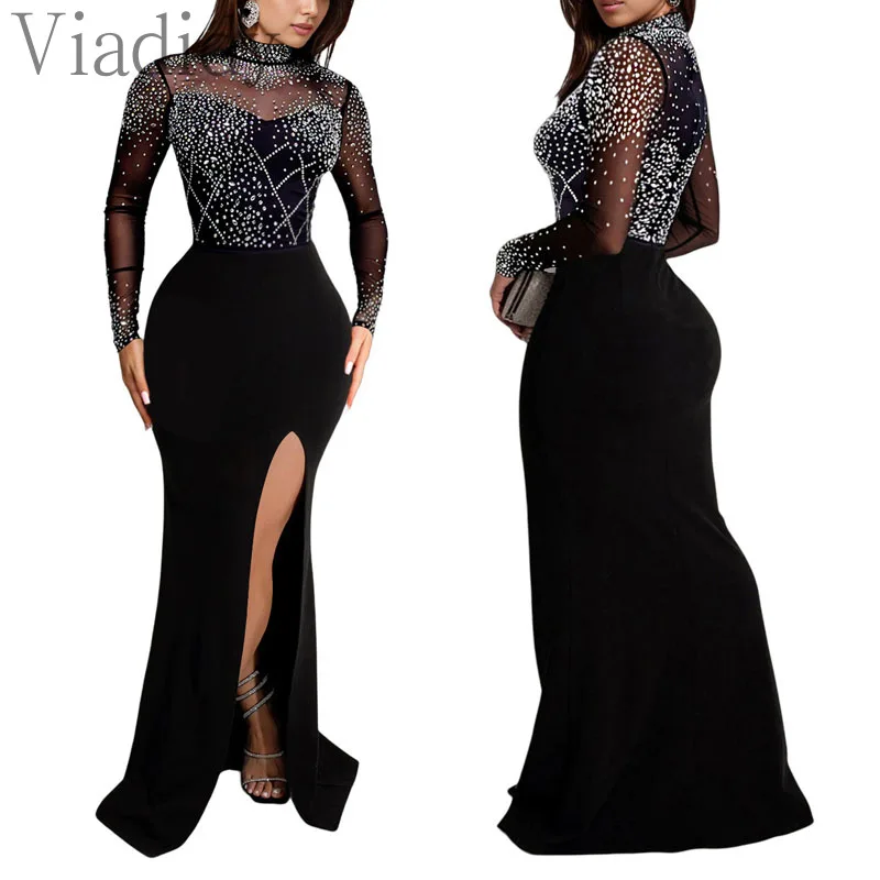 Vestido feminino sexy de festa sereia, malha pura, manga comprida, decoração com strass, até o chão, monocromático