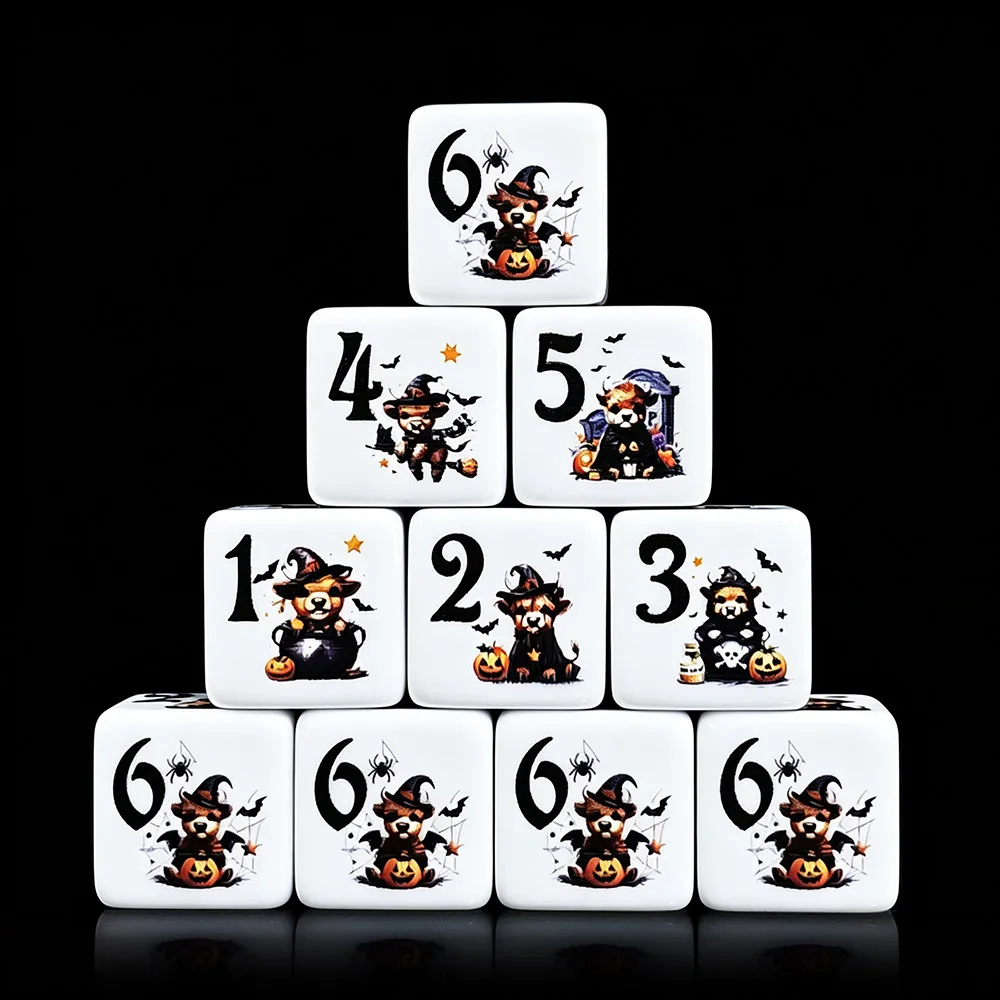 12Pcs 16MM D6 Acrylic Printed Dice With Halloween Wizard Teddy Bear Pumpkin Bat Spider Pattern For DND RPG Tabletop Board Game