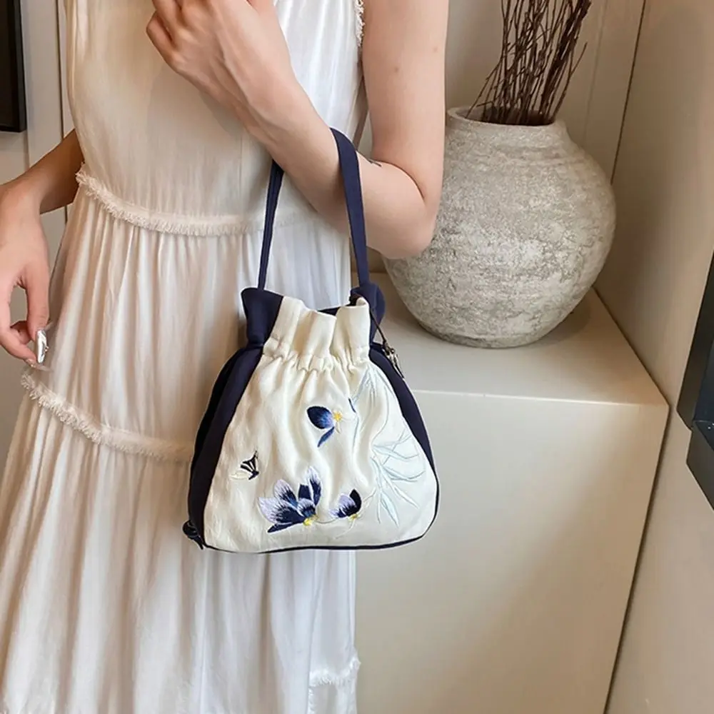 

Ethnic Style Embroidery Drawstring Bucket Bag Ancient Style Hanfu Accessories Chinese Style Handbag Storage Bag Flower