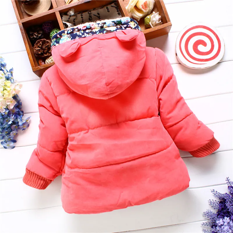 Winter New Girls Coat Top Floral Long Sleeve Cartoon Pattern Thick Warm Hooded Cotton-Padded Clothes For Children