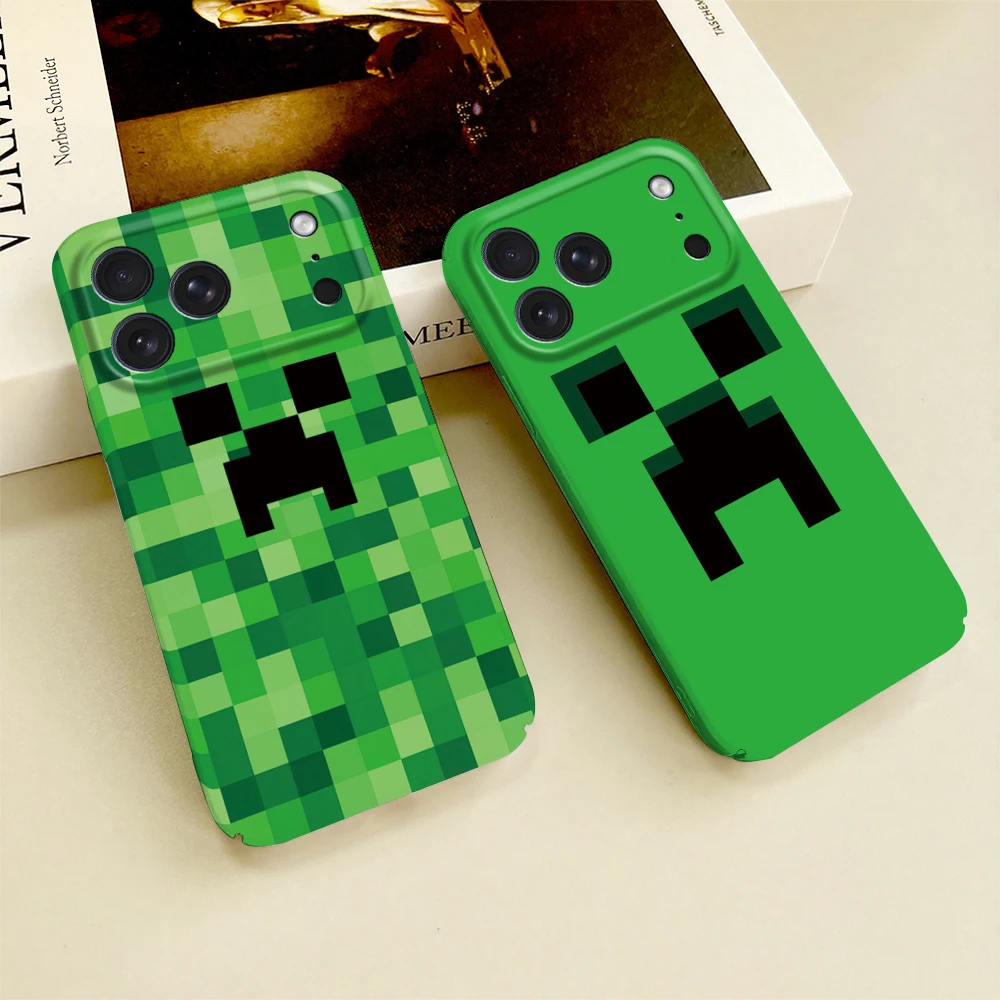 Capa de Celular M-Mine para iPhone 17 16 15 14 13 12 11 Plus Pro Max Mini, Capa Rígida HD Brilhante com Película Protetora, Tema Game C-Creeper C-Craft