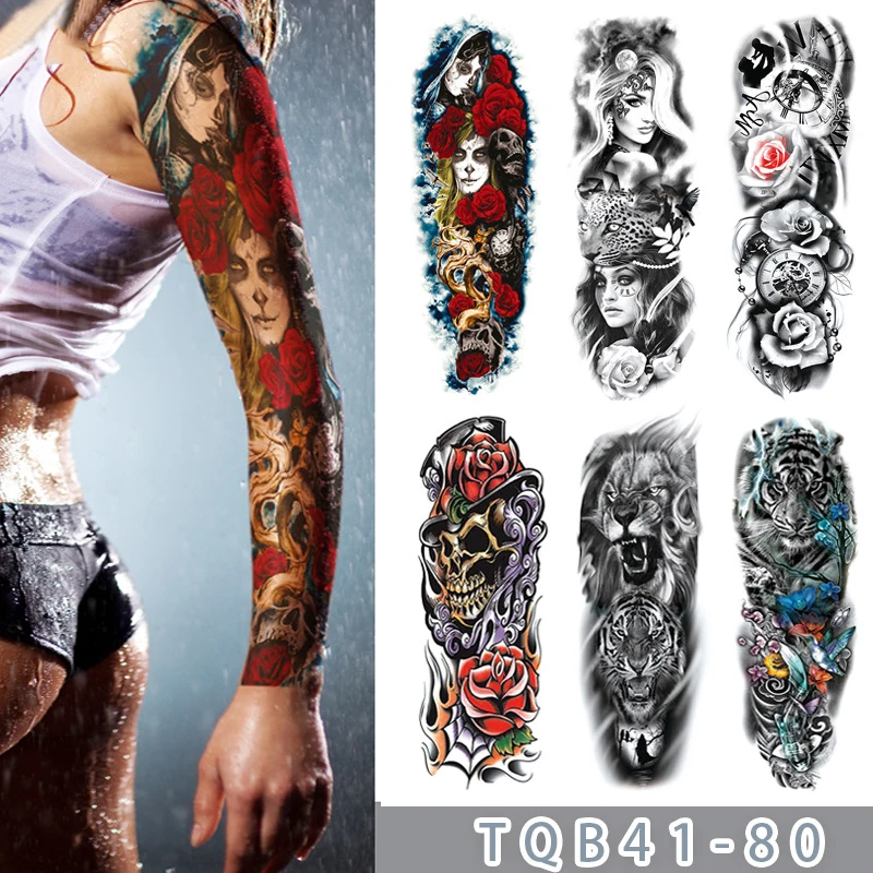 

Waterproof Temporary Tattoo Lion Crown King Rose Large Arm Sleeve Tattoo Sticker Wild Wolf Tiger Men Full Skull Totem Fake Tatto