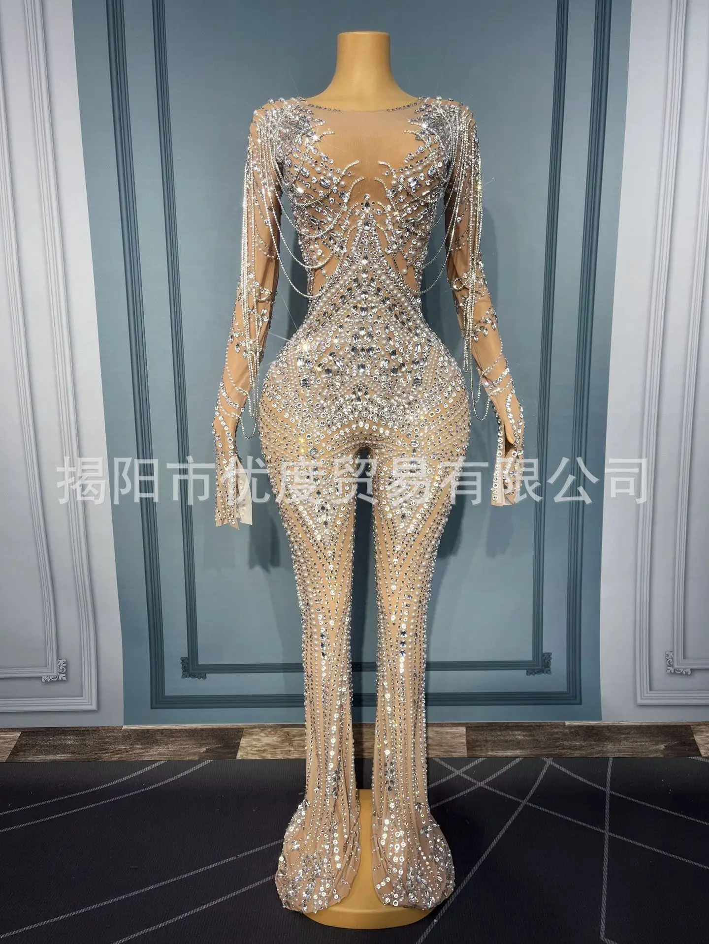 2026 الصناعة الثقيلة حجر الراين متوهج السراويل مثير منظور شبكة الماس سلسلة الأداء دعوى مرحلة الأداء فستان بذلة #5