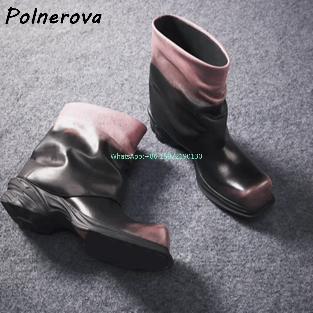 

Black Pink Pleated Ankle Boots Slouch Square Toe Mixed Color Slip On High Increase Shoes Ladies Niche Punk Runway Shoes 2024