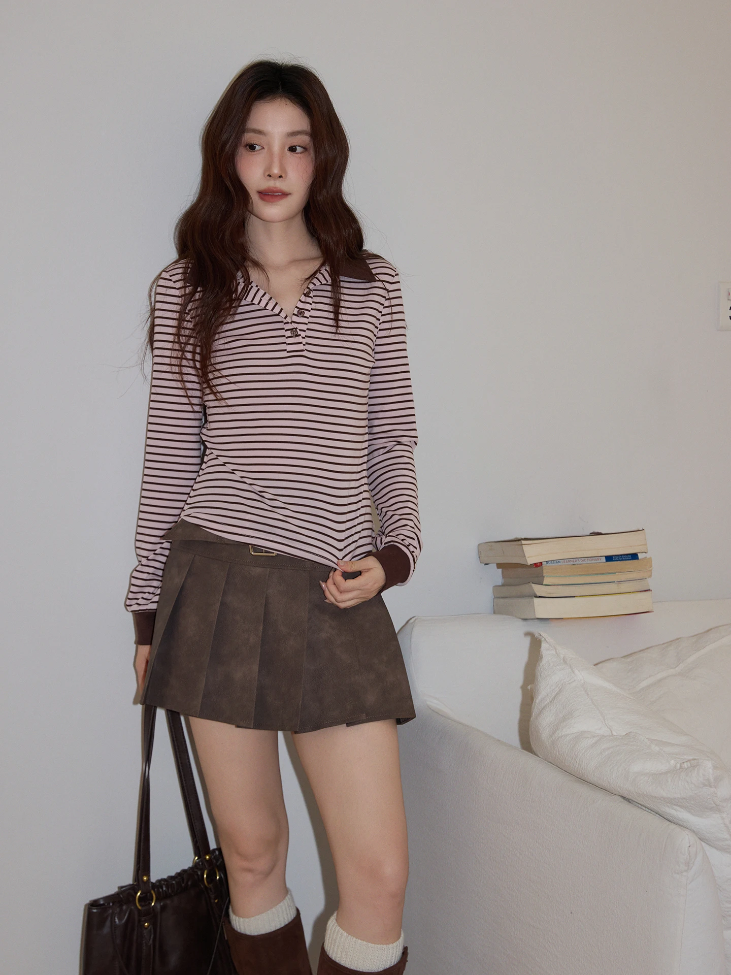 

American Sle Striped Ne Long Sve T-irt Women's Spring Casual Slim Fit Top by Cha Cha Home Comfortable Knitted