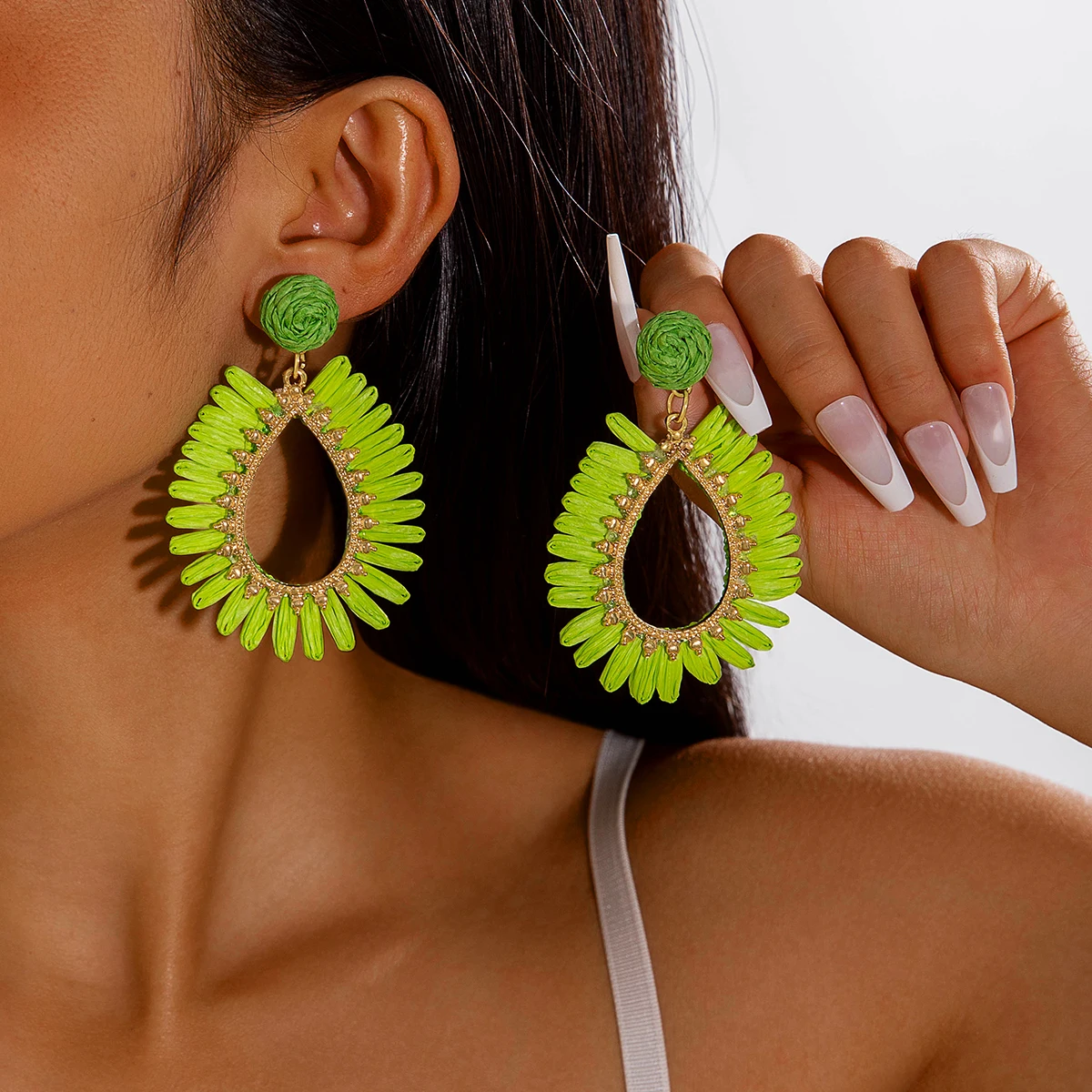 Tocona Personalized Exaggerated Green Lafite Grass Earrings Resort Style Beach Geometry Water Drop Hollow Earrings for Women